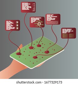 Statistical data coronavirus. Virus Infection statistic informations in the form of digital graphs and charts on tablet. Medical analysis, statistics. Vector illustration, flat. Statistics concept.