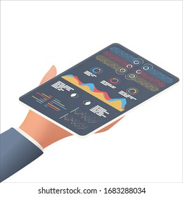 Statistical data presented in the form of digital graphs and charts on the tablet in the hand of a businessman. Financial analysis business concept on screen. Vector illustration, flat design.