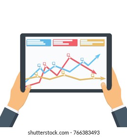 Statistical data presented in the form of digital graphs and charts on the tablet in the hands of a businessman. Financial analysis, statistics. Vector illustration, flat design. Statistics concept.