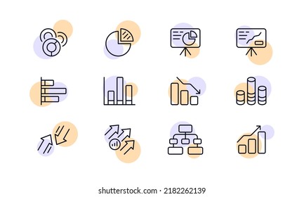 Icono de conjunto de diagramas estadísticos. Análisis, gráfico circular y de barras, donut, flipchart, board, arrow, rise, fall, data transfer, marketing, trabajo. Concepto de análisis de negocio. Icono de línea de vector para empresas.