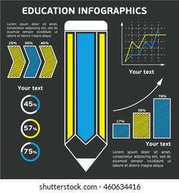 statistical education infographic elements with different educational supplies on black background.