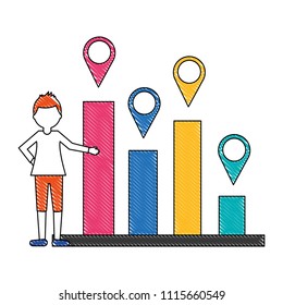 statistical graphics with man and pin location isolated icon