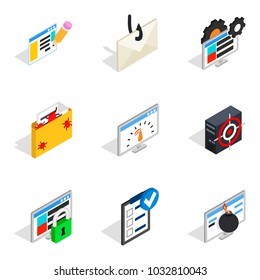 Statistical information icons set. Isometric set of 9 statistical information vector icons for web isolated on white background