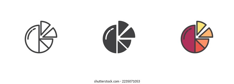 Statistical pie chart different style icon set. Line, glyph and filled outline colorful version, circular graphic outline and filled vector sign. Symbol, logo illustration. Vector graphics