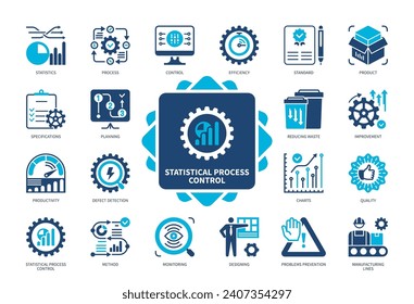 Symbol-Set für die Statistische Prozesssteuerung. Fertigungslinien, Qualitätskontrolle, Standard, Überwachung, Fehlererkennung, Projektierung, Spezifikationen, Vermeidung von Problemen. Duotone-Farbsymbole