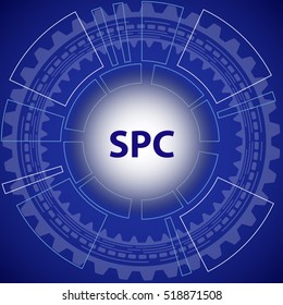 Statistical process control method background. Blue background with gear and title SPC in middle.