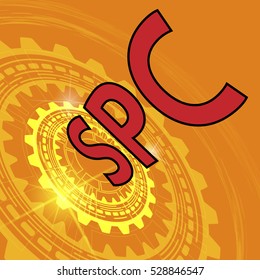 Statistical process control method background. Orange industrial background with gear and red title SPC