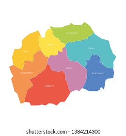 Statistical regions of North Macedonia. Map of regional country administrative divisions. Colorful vector illustration.