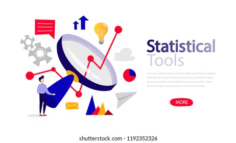 Statistical tools horizontal banner template for web page. Responsive design for website. Red more button. Isolated flat vector illustration
