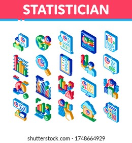 Statistician Assistant Collection Icons Set Vector. Statistician Research And Document File, Web Site On Computer Screen And Cloud Storage Isometric Illustrations