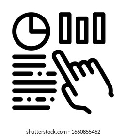 Statistician Assistant Hand Icon Thin Line Vector. Manager Hand Gesture Pointing On Statistic Infographic Concept Linear Pictogram. Monochrome Outline Sign Isolated Contour Symbol Illustration