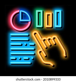 Statistician Assistant Hand neon light sign vector. Glowing bright icon Manager Hand Gesture Pointing On Statistic Infographic sign. transparent symbol illustration