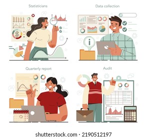 Conjunto de conceptos estadísticos y estadísticos. Especialista trabajando con datos, procesando información. Análisis y filtrado de grandes datos. Gráfico y gráfico, investigación de diagrama. Ilustración vectorial plana