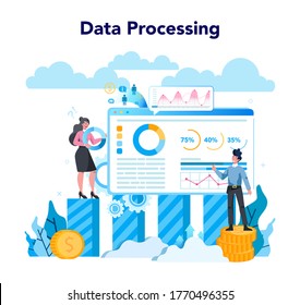 Statistician and statistic concept. Specialist working with data analyzing graphs, charts and diagrams, processing information. Isolated vector illustration