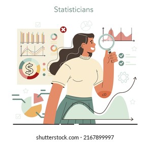 Statistician and statistic concept. Specialist working with data, processing information. Big data filtering and analysis. Chart and graph, diagram research. Flat vector illustration