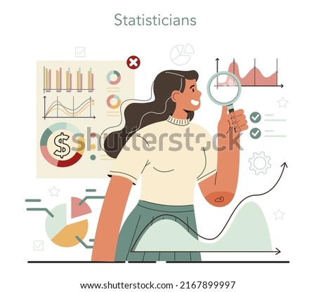 Statistician and statistic concept. Specialist working with data, processing information. Big data filtering and analysis. Chart and graph, diagram research. Flat vector illustration