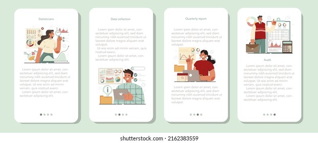 Statistician and statistic mobile application banner set. Specialist working with data, processing information. Big data filtering and analysis. Chart and graph, diagram research. Vector illustration