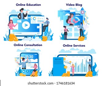Servicio estadístico en línea o conjunto de plataformas. Especialista en análisis de datos, procesamiento de información. Consulta en línea, video blog, educación. Ilustración vectorial aislada