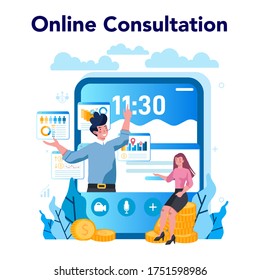 Servicio o plataforma en línea estadístico y estadístico. Especialista en análisis de datos, procesamiento de información. Consulta en línea. Ilustración vectorial aislada