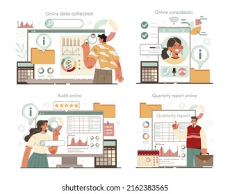 Statistician And Statistic Online Service Or Platform Set. Specialist Processing Information. Data Filtering And Analysis. Online Data Collection, Consultation, Audit, Reporting. Vector Illustration