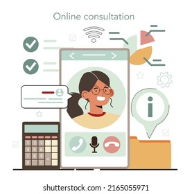 Statistician and statistic online service or platform. Specialist processing information. Data filtering and analysis. Online consultation. Vector illustration
