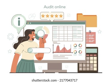 Statistician and statistic online service or platform. Specialist processing information. Data filtering and analysis. Online data audit. Vector illustration