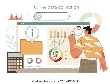 Statistician And Statistic Online Service Or Platform. Specialist Processing Information. Data Filtering And Analysis. Online Data Collection. Vector Illustration