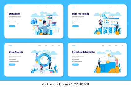 Banner estadístico y estadístico en la web o página de inicio. Especialista en análisis de datos, gráficos y diagramas, procesamiento de información. Ilustración vectorial aislada
