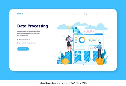 Statistician and statistic web banner or landing page. Specialist working with data analyzing graphs, charts and diagrams, processing information. Isolated vector illustration