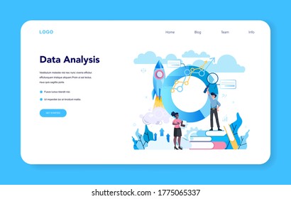Banner estadístico y estadístico en la web o página de inicio. Especialista en análisis de datos, gráficos y diagramas, procesamiento de información. Ilustración vectorial aislada