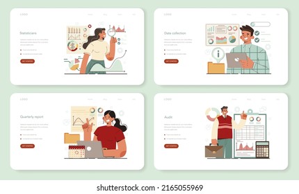 Statistician and statistic web banner or landing page set. Specialist working with data, processing information. Big data filtering and analysis. Chart and graph, diagram research. Vector illustration