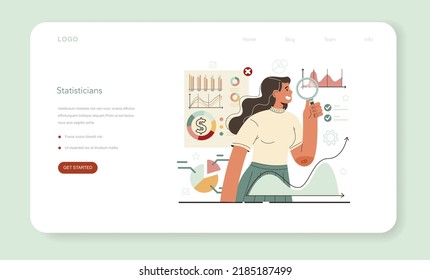 Statistician and statistic web banner or landing page. Specialist working with data, processing information. Big data filtering and analysis. Chart and graph, diagram research. Vector illustration