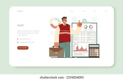 Banner estadístico y estadístico en la web o página de inicio. Especialista trabajando con datos, procesando información. Análisis y filtrado de grandes datos. Gráfico y gráfico, investigación de diagrama. Ilustración del vector