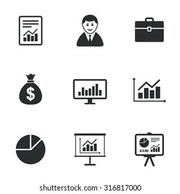 Statistics, accounting icons. Charts, presentation and pie chart signs. Analysis, report and business case symbols. Flat icons on white. Vector