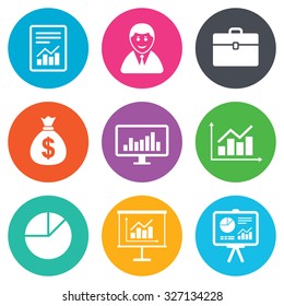 Statistics, accounting icons. Charts, presentation and pie chart signs. Analysis, report and business case symbols. Flat circle buttons. Vector