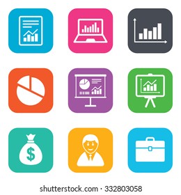 Statistics, accounting icons. Charts, presentation and pie chart signs. Analysis, report and business case symbols. Flat square buttons. Vector