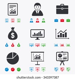 Statistics, accounting icons. Charts, presentation and pie chart signs. Analysis, report and business case symbols. Flat black, red, blue and green icons.