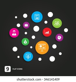 Statistics, accounting icons. Charts, presentation and pie chart signs. Analysis, report and business case symbols. Flat circle buttons with icons on black.