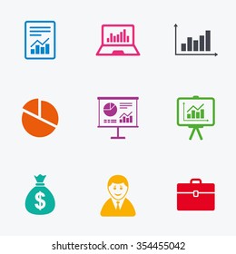 Statistics, accounting icons. Charts, presentation and pie chart signs. Analysis, report and business case symbols. Flat colored graphic icons.