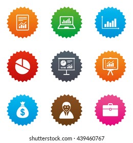 Statistics, accounting icons. Charts, presentation and pie chart signs. Analysis, report and business case symbols. Stars label button with flat icons. Vector