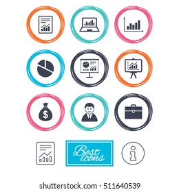 Statistics, accounting icons. Charts, presentation and pie chart signs. Analysis, report and business case symbols. Report document, information icons. Vector