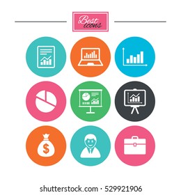Statistics, accounting icons. Charts, presentation and pie chart signs. Analysis, report and business case symbols. Colorful flat buttons with icons. Vector
