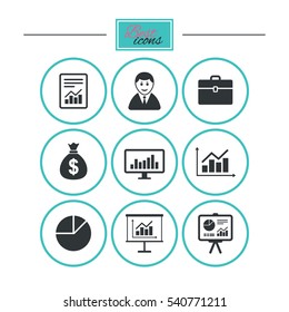 Statistics, accounting icons. Charts, presentation and pie chart signs. Analysis, report and business case symbols. Round flat buttons with icons. Vector