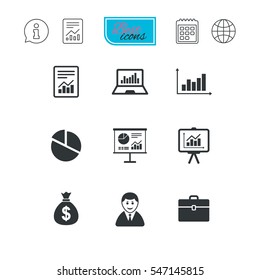Statistics, accounting icons. Charts, presentation and pie chart signs. Analysis, report and business case symbols. Report document, calendar and information web icons. Vector