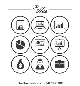 Statistics, accounting icons. Charts, presentation and pie chart signs. Analysis, report and business case symbols. Classic simple flat icons. Vector