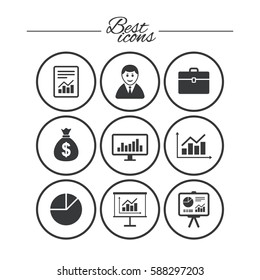 Statistics, accounting icons. Charts, presentation and pie chart signs. Analysis, report and business case symbols. Classic simple flat icons. Vector