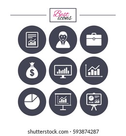 Statistics, accounting icons. Charts, presentation and pie chart signs. Analysis, report and business case symbols. Classic simple flat icons. Vector