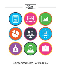 Statistics, accounting icons. Charts, presentation and pie chart signs. Analysis, report and business case symbols. Classic simple flat icons. Vector