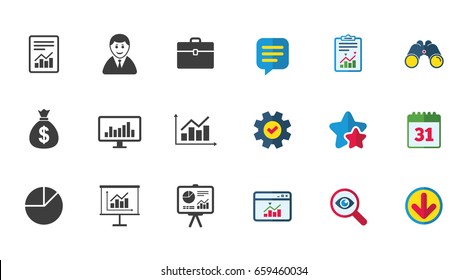Statistics, accounting icons. Charts, presentation and pie chart signs. Analysis, report and business case symbols. Calendar, Report and Download signs. Stars, Service and Search icons. Vector