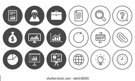 Statistics, accounting icons. Charts, presentation and pie chart signs. Analysis, report and business case symbols. Document, Globe and Clock line signs. Lamp, Magnifier and Paper clip icons. Vector